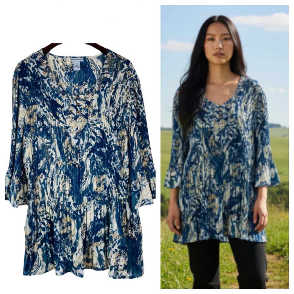 Maggie Barnes Catherines 2X 3X 22 24 Top Shirt Blouse Blue Tan Crinkle Stretch